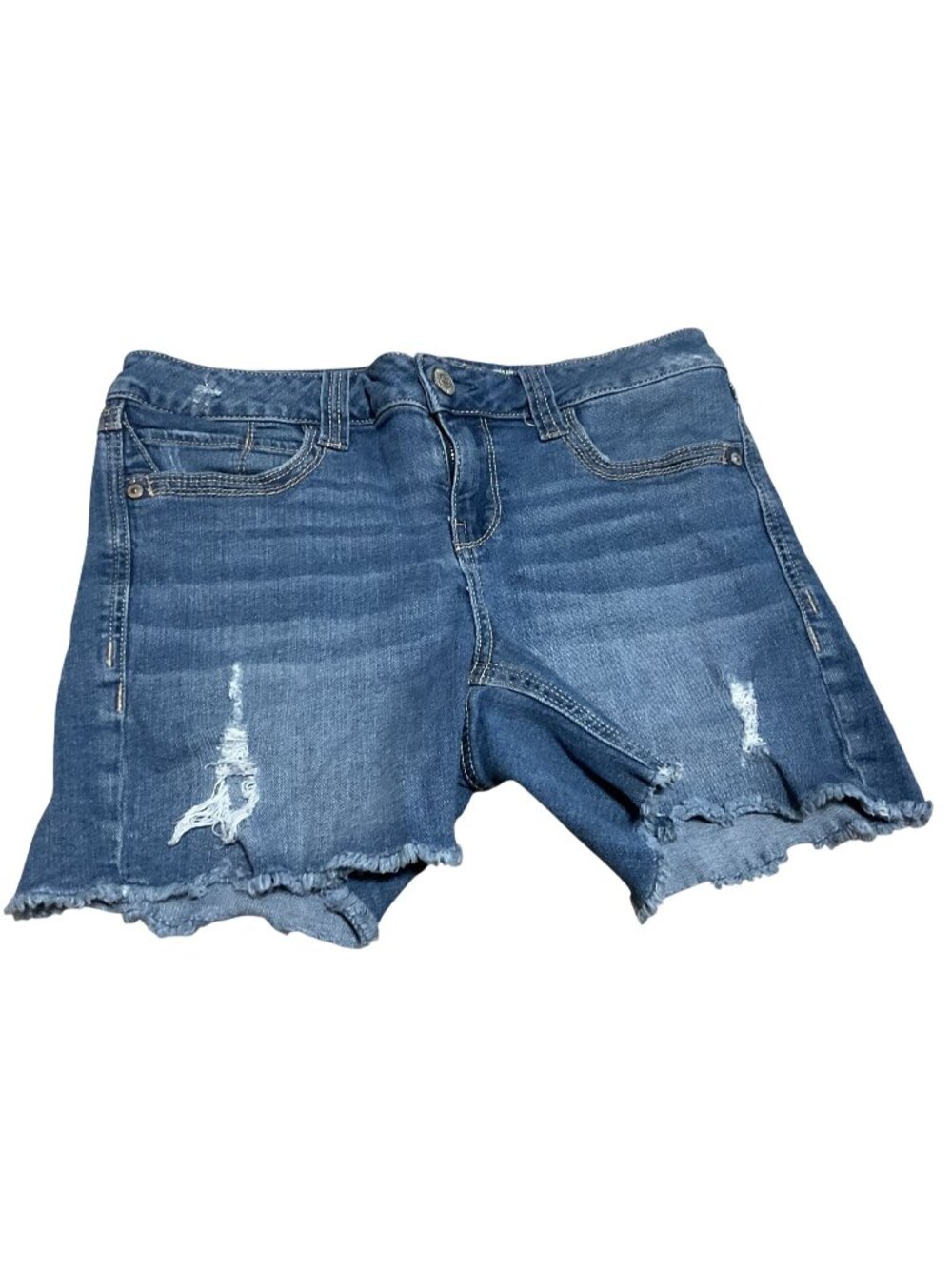 Seven7 Womens Distressed Denim Shorts Size 8 Frayed Hem Blue Cotton Blend